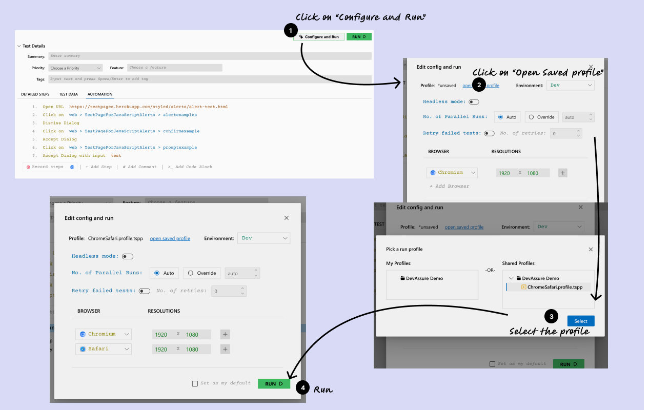 Execute the test case against the saved profile